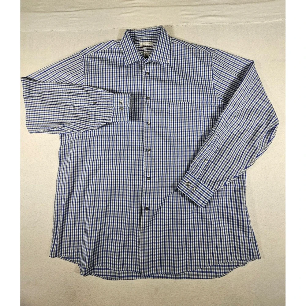 Van Heusen Mens Flex Collar‎ Regular Fit Gingham Dress Shirt Blue Grey 17 34/35